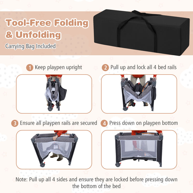 Portable 3-in-1 Baby Playpen Crib with Diaper Changing Table image number 7