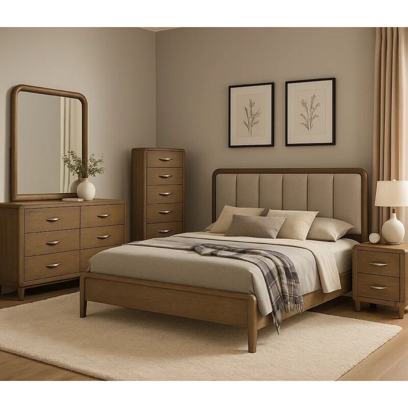 Deon 5 Piece Queen Bedroom Set, Upholstered Headboard, Brown Hardwood