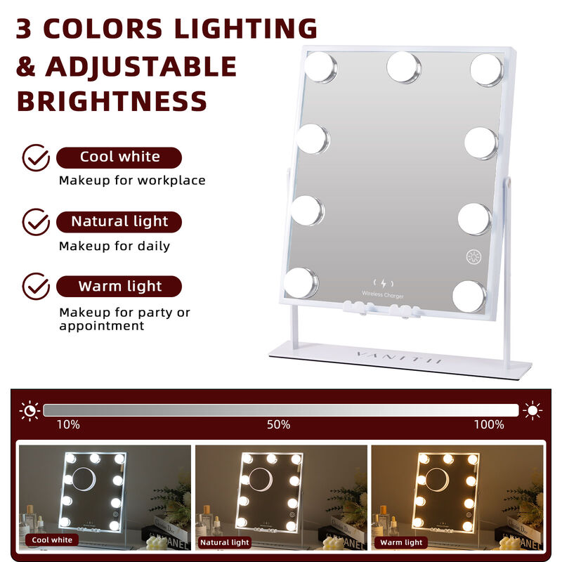 10''*12''Hollywood Makeup Vanity Mirror 9 LED Blubls with Buletooth Wireless Charging White