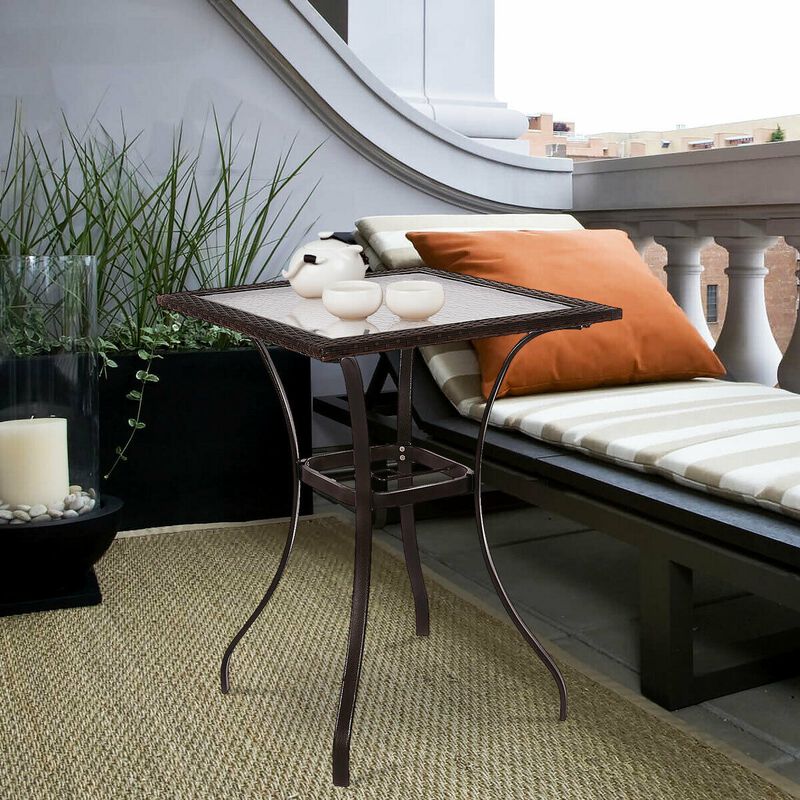 Outdoor Patio Square Glass Top Table with Rattan Edging