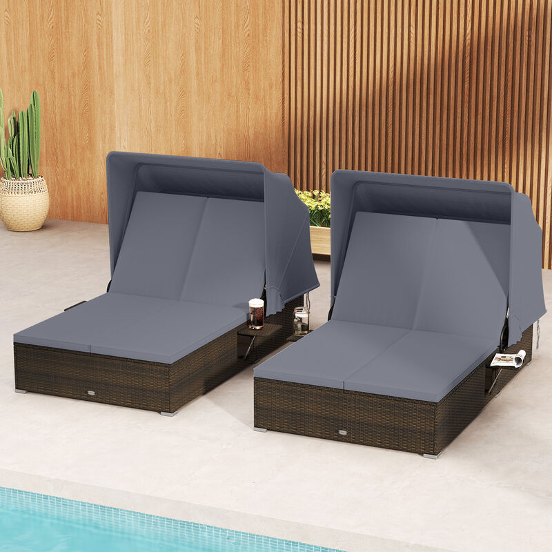 Outdoor Double Chaise Lounge with Shade, Cushions and Foldable Side Trays image number 3