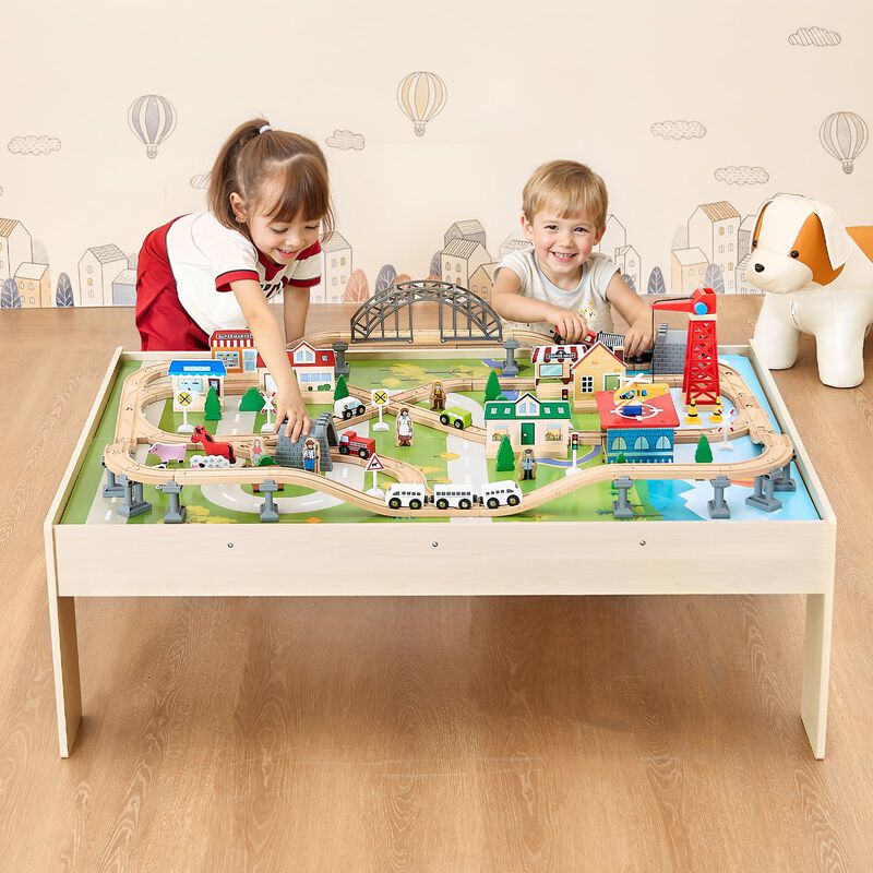 Kids Train Table with 120 Piece Wooden Train Set and Storage Bin image number 1