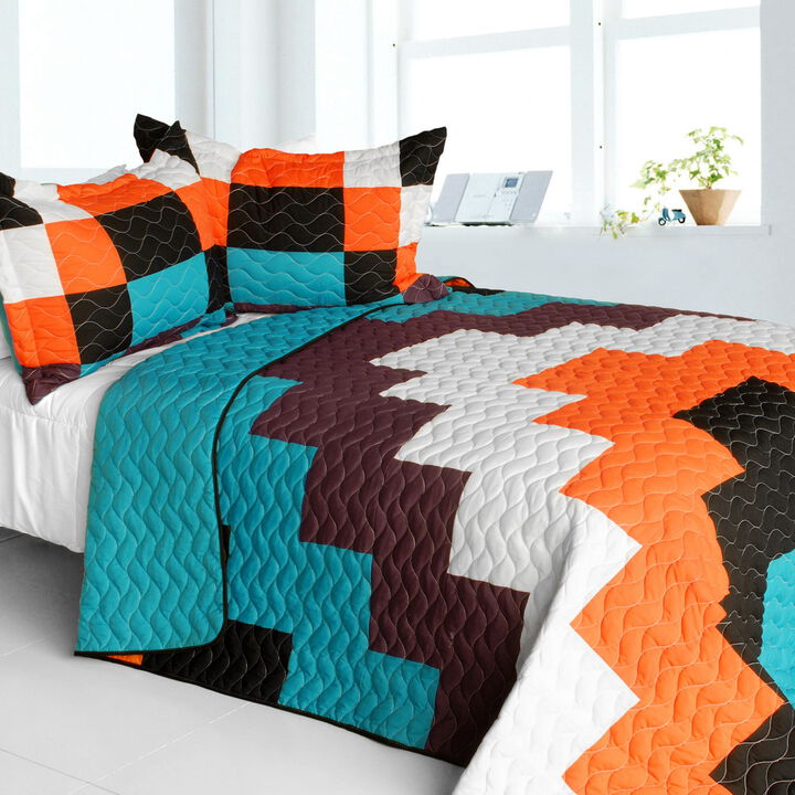 Queen Size Vermicelli Quilted Patchwork Quilt Set 3 Piece Geometric Print-White
