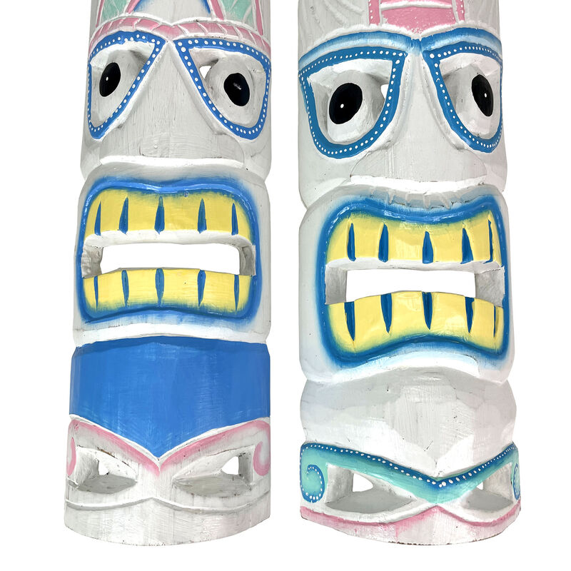 Set of 2 - 20" Pastel Pink & Blue Tiki Masks Wood Wall Decor Indoor/Outdoor image number 3
