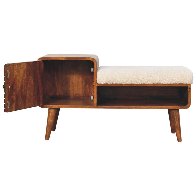 35" Cream and Chestnut Boucle and Solid Wood Upholstered Bench image number 3