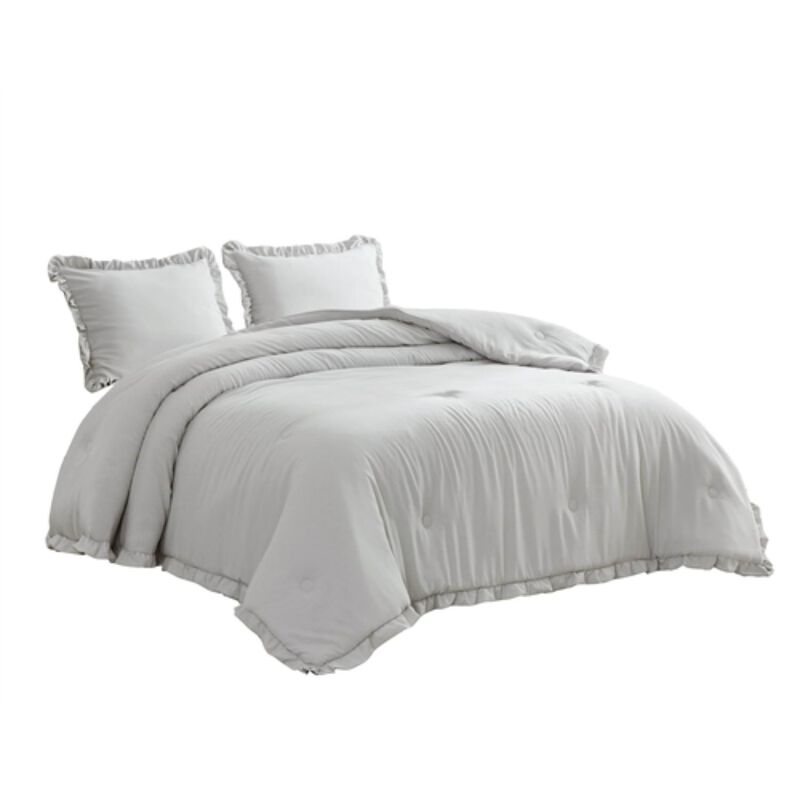 Hivvago Full Size Grey Stone Washed Ruffled Edge Microfiber Comforter Set