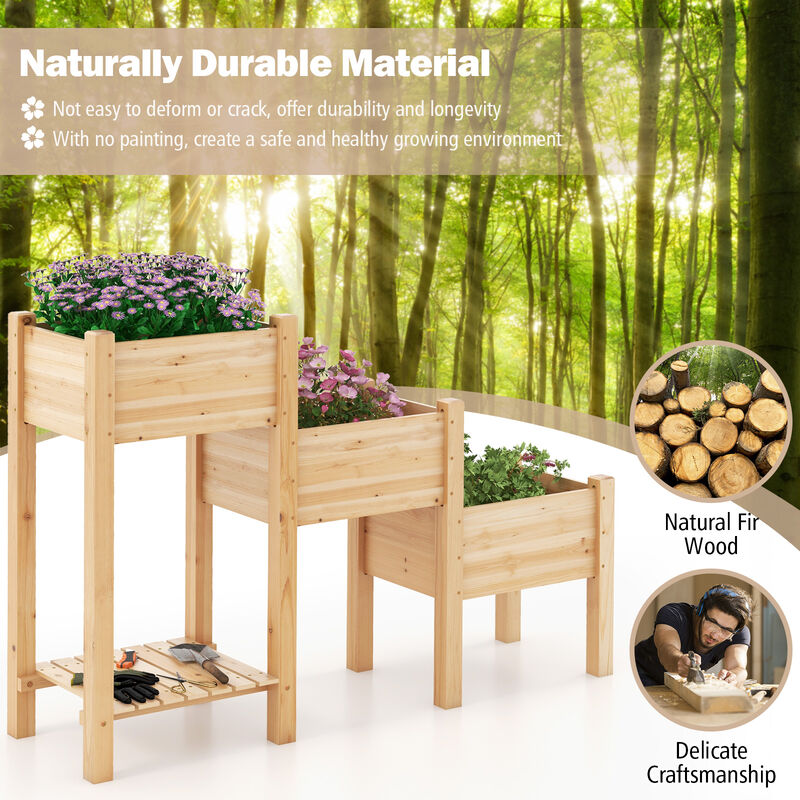 3-Tier Wooden Raised Garden Bed with Open Storage Shelf-Natural