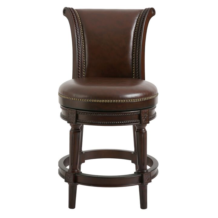 Faux Leather and Solid Wood Swivel Counter Height Bar Chair with Footrest for Kitchen