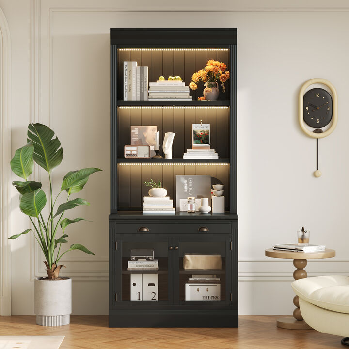 Whisen 83.4" Bookcase with LED Lighting, 2 Glass Doors & 1 Drawer, Solid Wood & MDF Storage Bookcase for Home Office