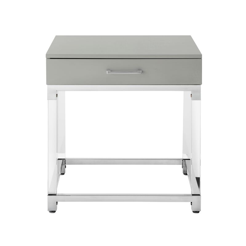 Inspired Home Kalel High Gloss 1 Drawer End Table with Acrylic Legs Stainless Steel Base