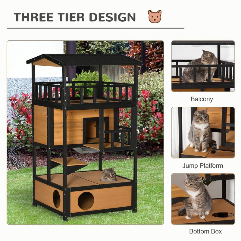 Yellow Wooden Cat Condo: Outdoor Kitten Tree with Escape Doors
