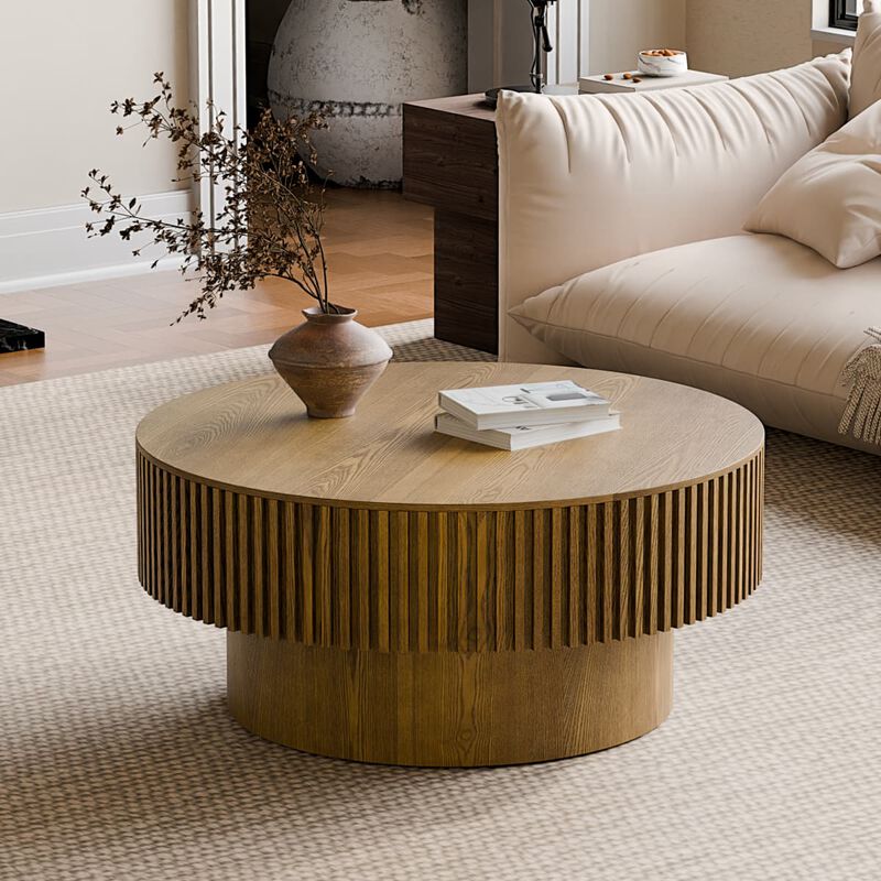 Round coffee table with storage Solid wood veneer and MDF coffee table with fluted base Modern accent coffee table for small spaces image number 4