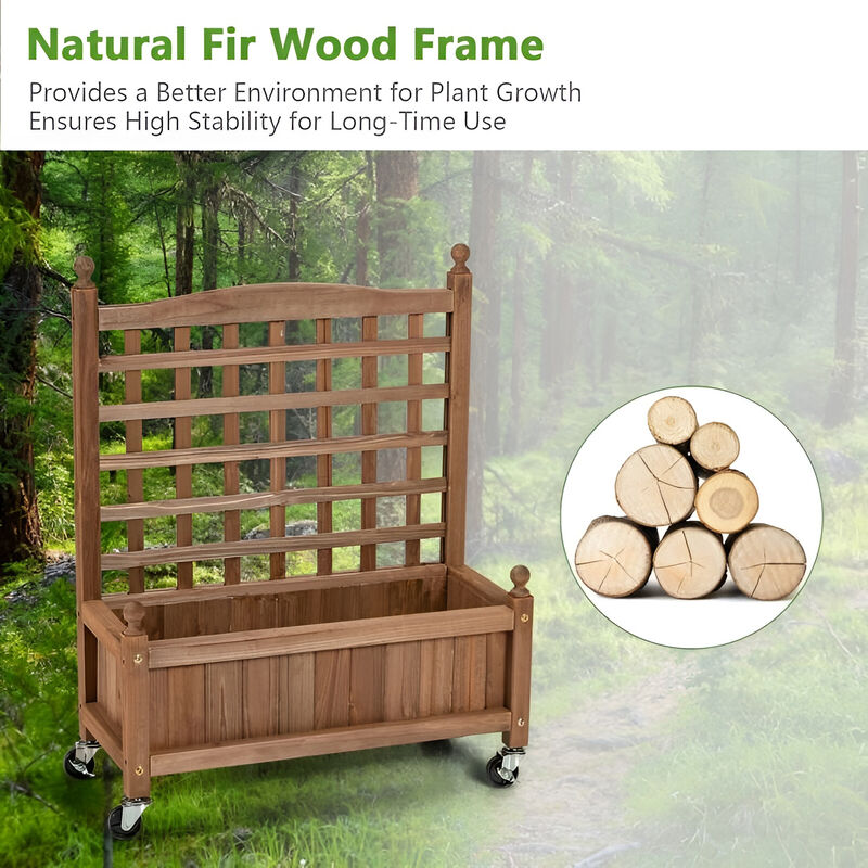Solid Fir Wood Outdoor Raised Garden Bed Planter Box Cart on Wheels with Trellis