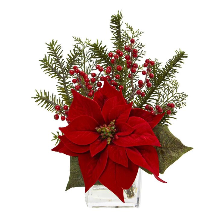 Nearly Natural 14-in Poinsettia, Pine and Berries in Vase Artificial Arrangement