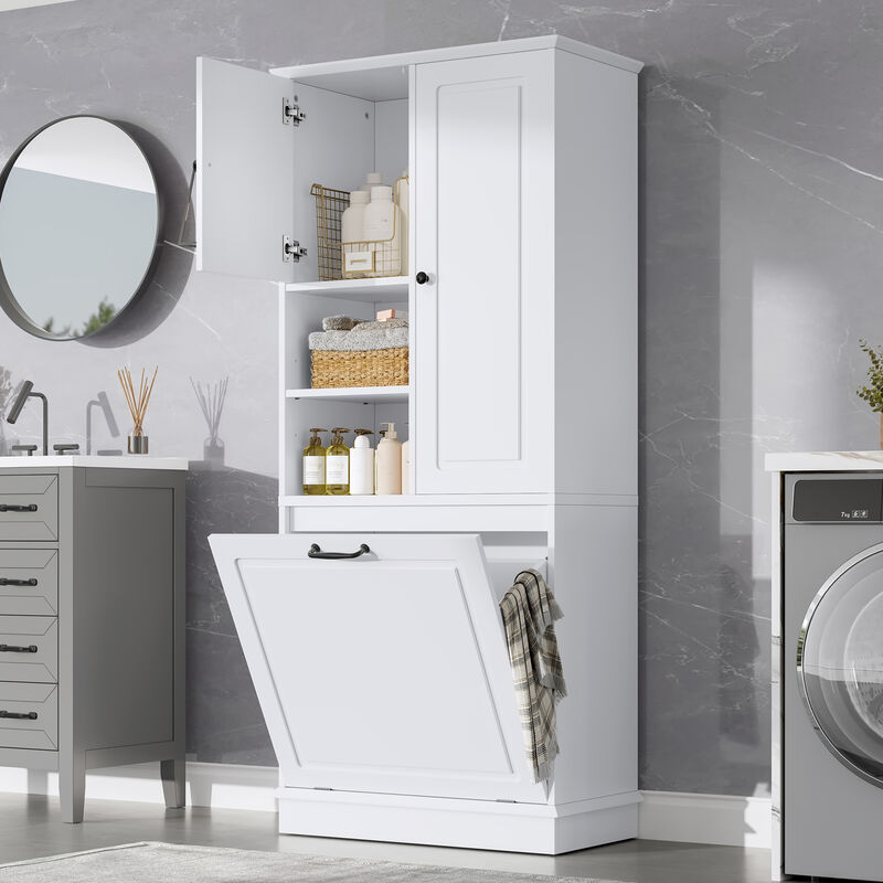 Merax Tall Storage Cabinet with Adjustable Shelves, Large Flip-Out Basket & Enclosed Cabinets – Perfect for Bathroom