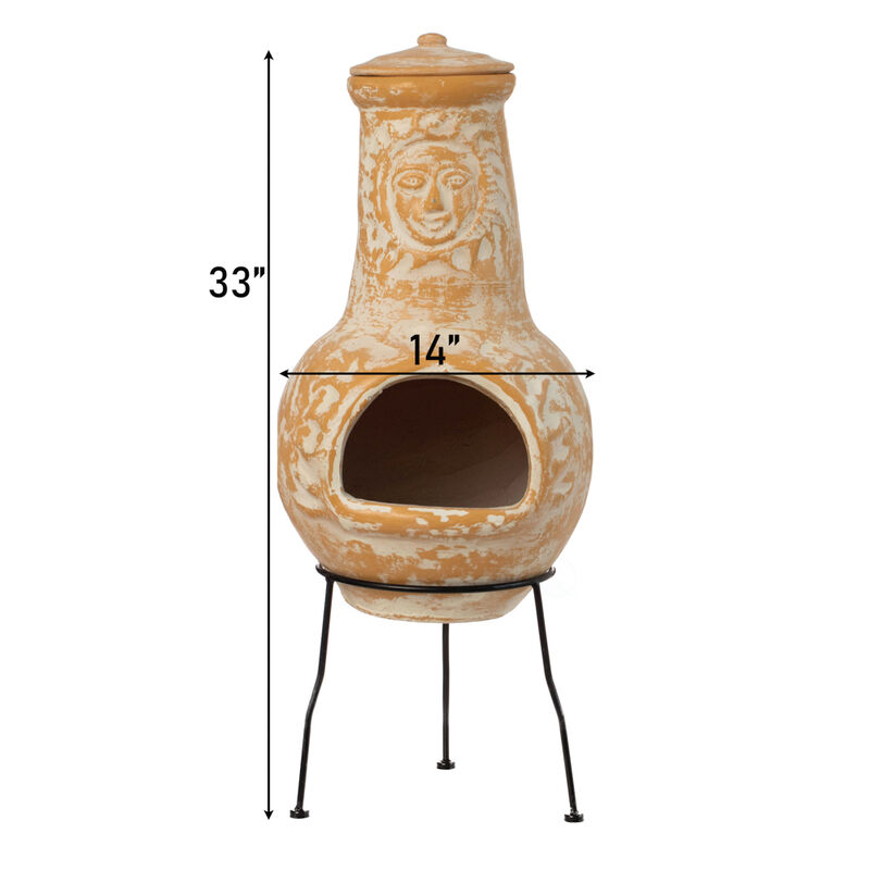 Outdoor Clay Chiminea Fireplace Sun Design Wood Burning Fire Pit with Sturdy Metal Stand, Barbecue, Cocktail Party, Cozy Nights Fire Pit, Terra Cotta