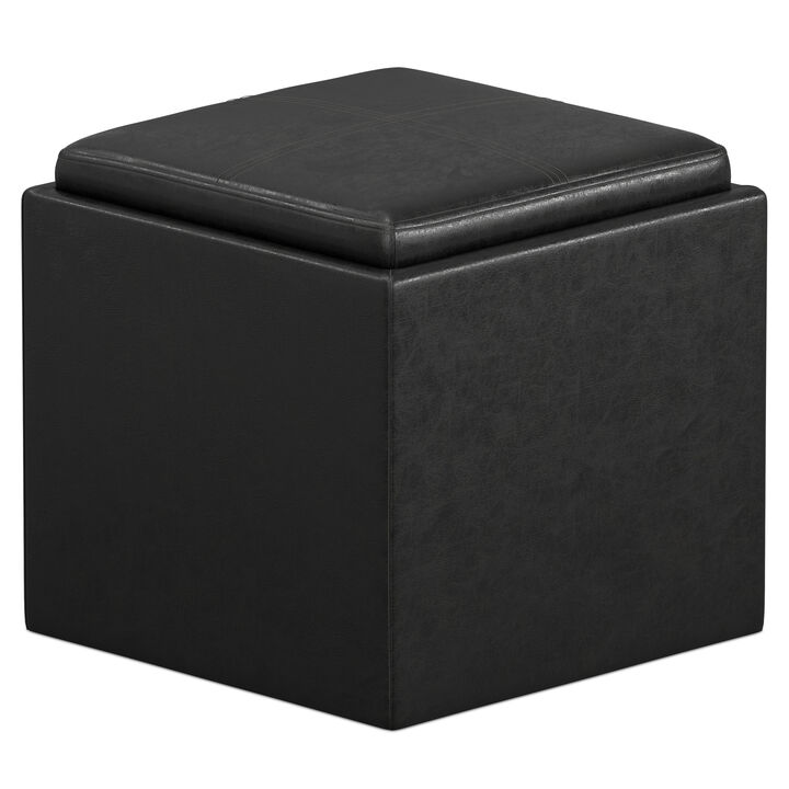 Rockwood 17 inch Wide Contemporary Square Cube Storage Ottoman with Tray in Distressed Black Vegan Faux Leather, Assembled