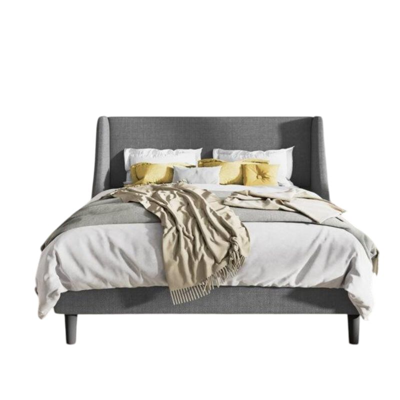 Hivvago Full Size Grey Linen Blend Upholstered Platform Bed with Wingback Headboard