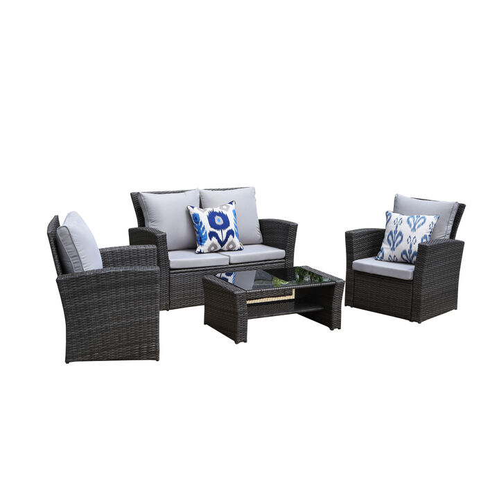 4Pieces PE Rattan Wicker Outdoor Patio Furniture Set with Grey Cushions