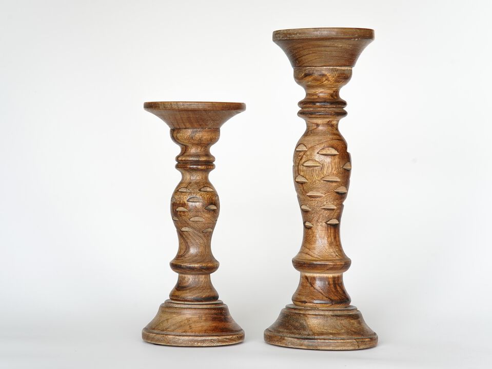 Traditional Medium Burnt Eco-friendly Handmade Mango Wood Set Of Two 6" & 9" Pillar Candle Holder