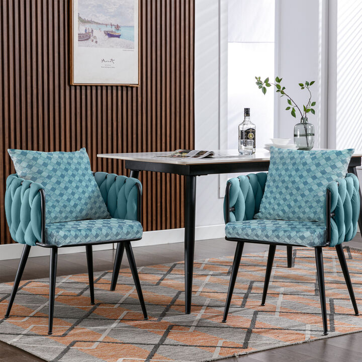 Blue Modern Velvet Dining Chairs Set of 2 Hand Weaving Accent Chairs Living Room Chairs Upholstered Side Chair with Black Metal Legs for Dining Room Kitchen Vanity Living Room