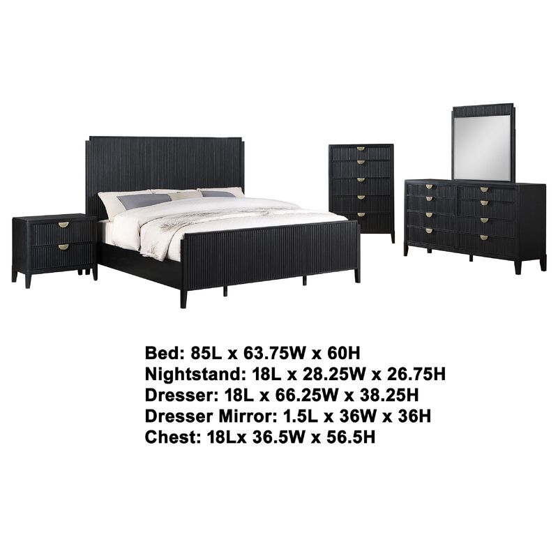Jack 5pc Queen Bedroom Set, Fluted Black Wood, Dresser Chest, Mirror image number 4
