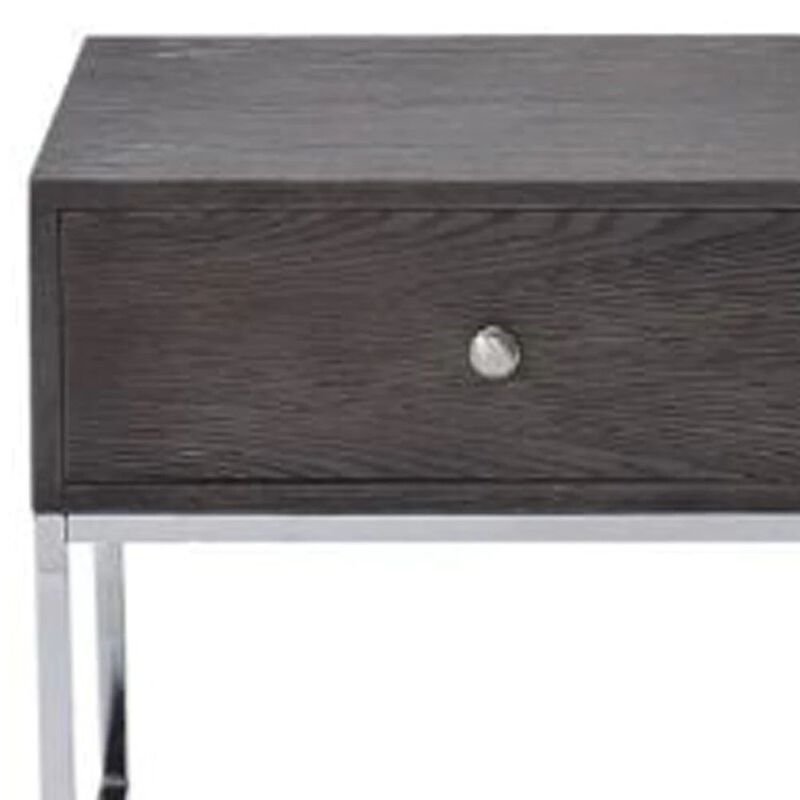 Homezia 22" Chrome And Gray Oak Manufactured Wood Rectangular End Table With Drawer
