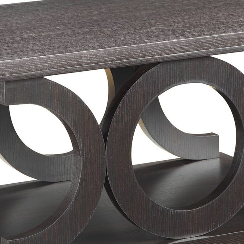 Contemporary Style C Shaped Coffee Table With Open Shelf, Espresso Brown-Benzara