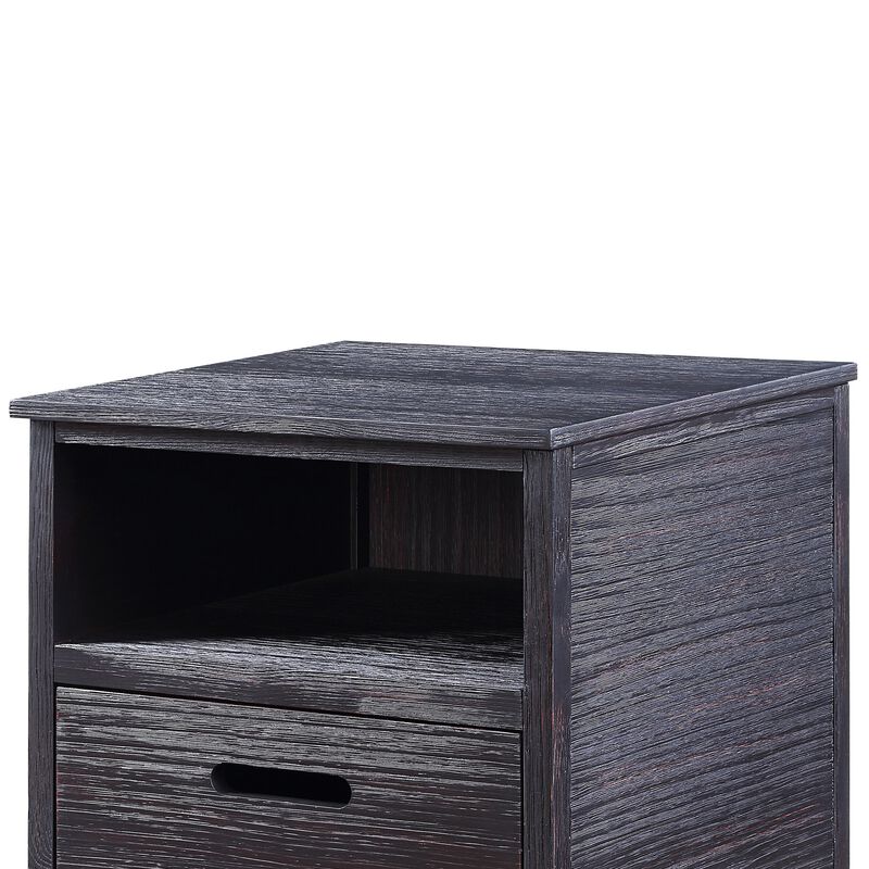 Rugged Textured Wooden End Table with Drop Down Storage, Black-Benzara