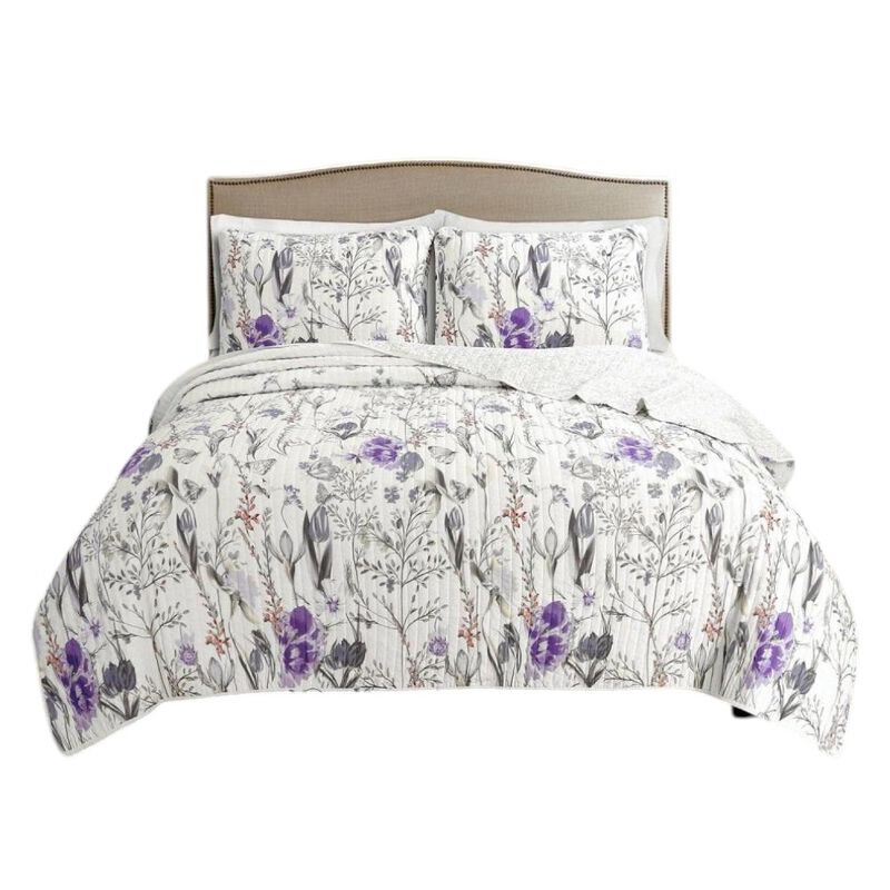 Hivvago Size Lightweight Purple Grey White Floral Quilt Set