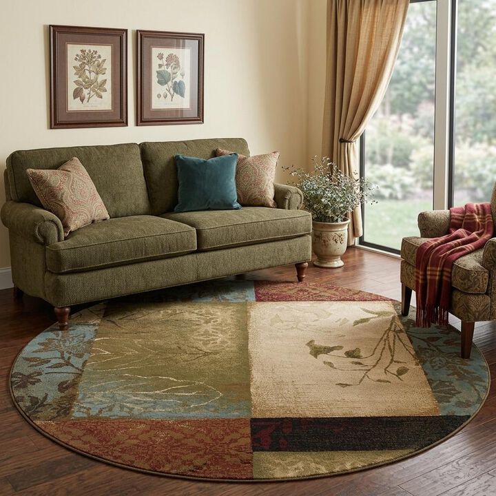HomeRoots 8&rsquo; Round Beige And Brown Floral Block Pattern Area Rug
