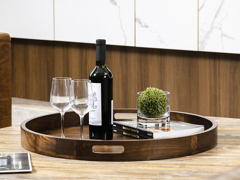 Round Black Walnut Wood Serving Tray Ottoman Tray with Handles image number 1