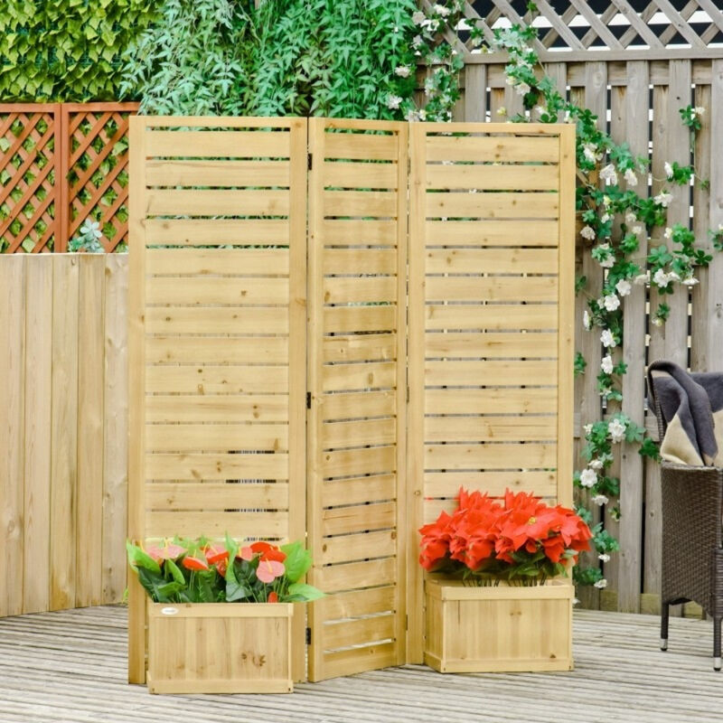 Weather-Resistant Wooden Privacy Screen – Outdoor 3-Panel Fir Divider with 4 Planters