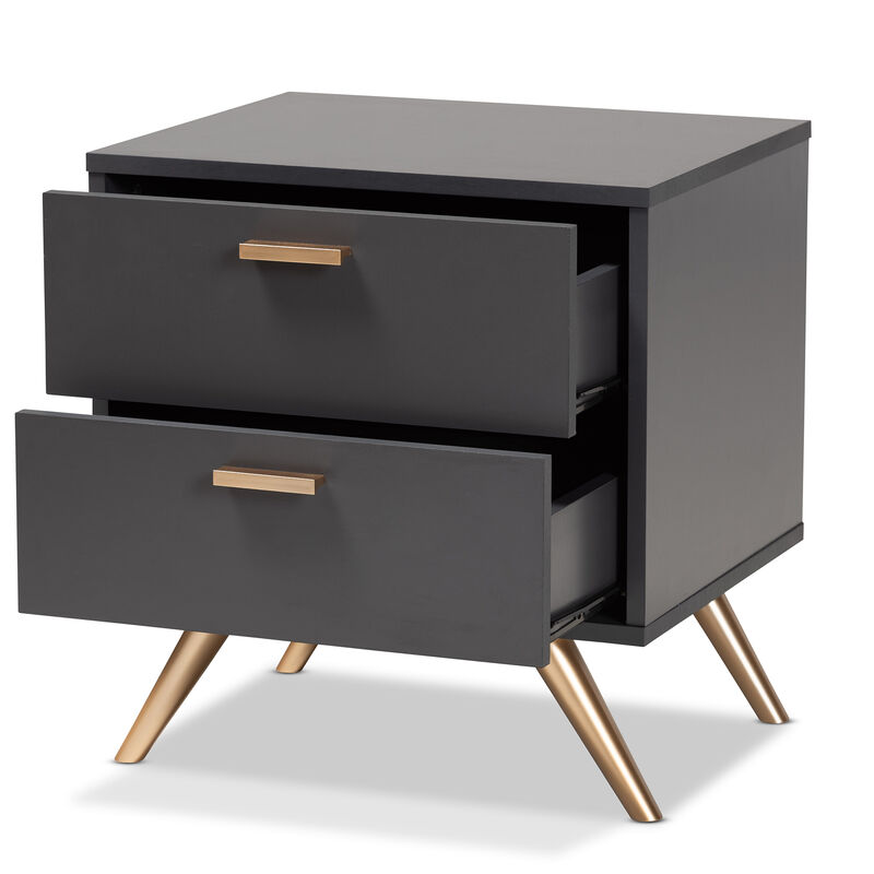 Baxton Studio Kelson Modern Dark Grey And Gold Finished Wood 2 Drawer Nightstand