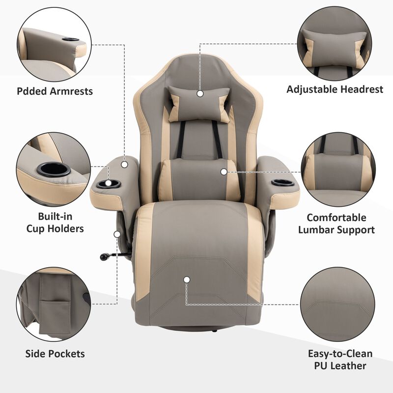 Manual Recliner Armchair PU Leather Lounge Chair w/ Adjustable Leg Rest, 135Â° Reclining Function, 360Â° Swivel, Cup Holder and, Storage Pocket