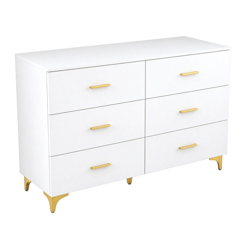 47" White 6 Drawer Dresser with Gold Handles & Legs image number 3