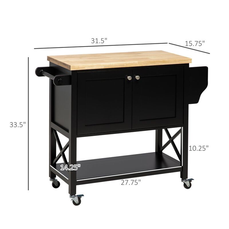 Rolling Kitchen Island Cart with Rubberwood Top and Storage, Black