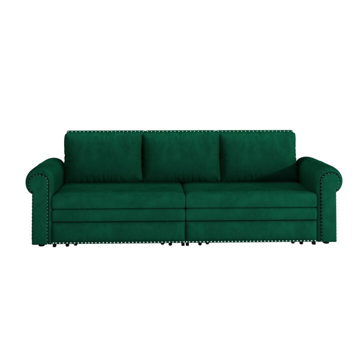 Gray King Size Sofa Bed Couch Pull Out Couch 3 In 1 Convertible Sleeper Sofa Bed Velvet Chesterfield Sofa With Nailhead Trim & Rolled Arm-Cuddlewood