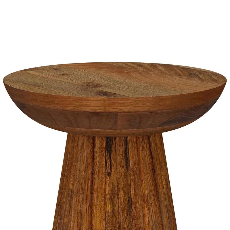 Ureo Round Accent Side Table, Cone Pedestal Base, Brown Mango Wood