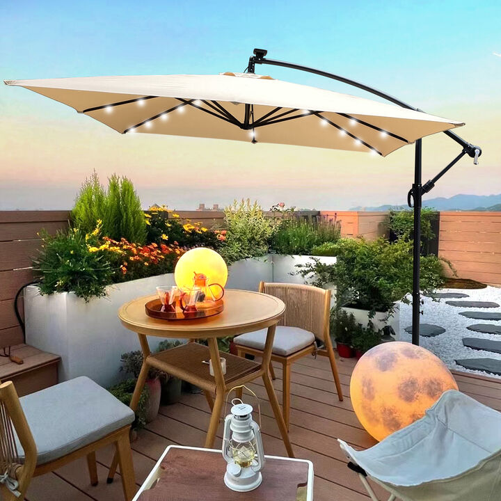 Square 2.5.5M Outdoor Patio Umbrella Solar Powered LED Lighted Sun Shade Market Waterproof 8 Ribs Umbrella with Crank and Cross Base for Garden Deck Backyard Pool Shade Outside Deck Swimming Pool