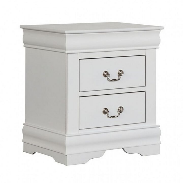 Ryla Nightstand, 2 Drawers, Classic White Solid Wood, Nickel Metal Handles - Benzara