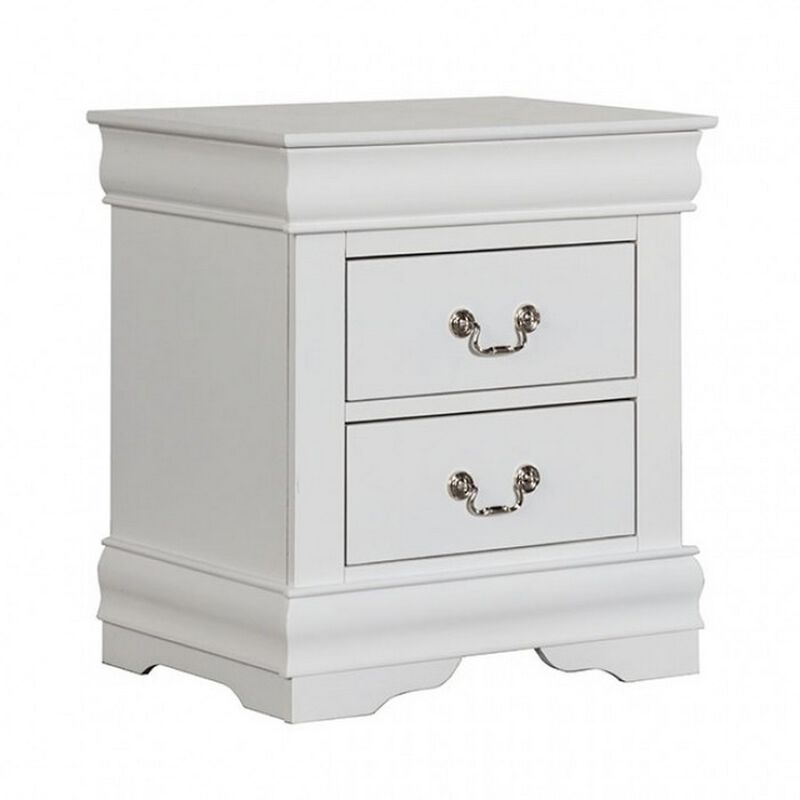 Ryla Nightstand, 2 Drawers, Classic White Solid Wood, Nickel Metal Handles - Benzara