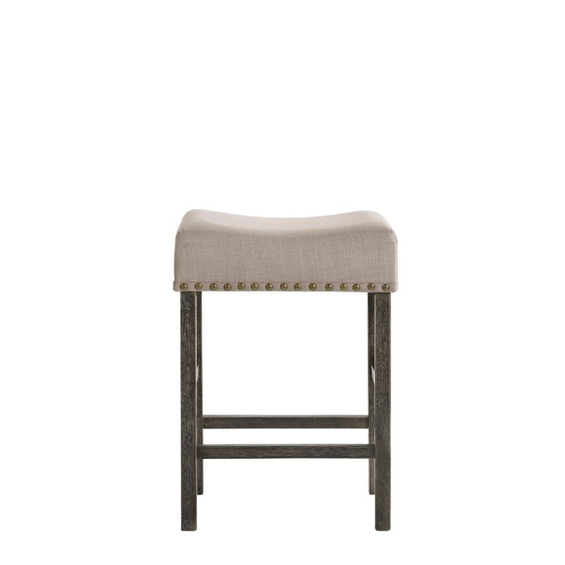 Wooden Counter Height Stool with Linen Upholstered Saddle Seat, Set of 2, Beige and Gray-Benzara