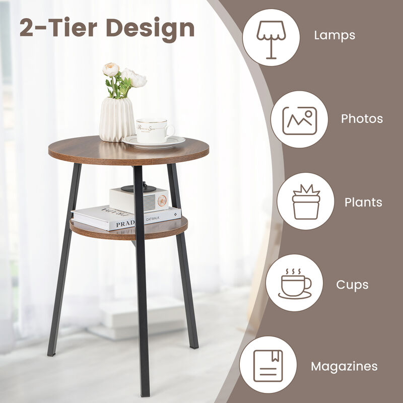 2-Tier Round End Table with Open Shelf and Triangular Metal Frame