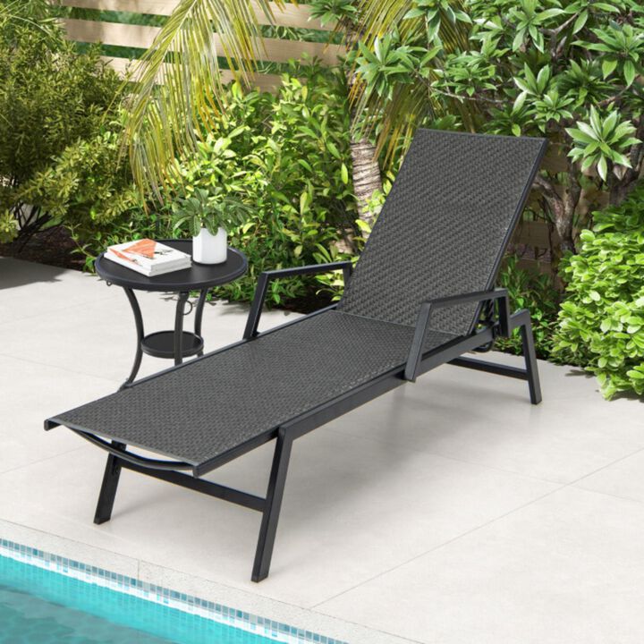 Hivvago Outdoor Rattan Chaise Lounge Reclining Chair with Armrests and 5-Position Backrest