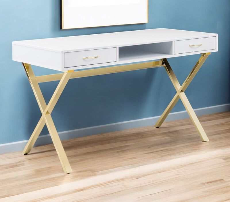 HomeRoots 47" White and Gold Wood and Metal Computer Desk With Two Drawers image number 1