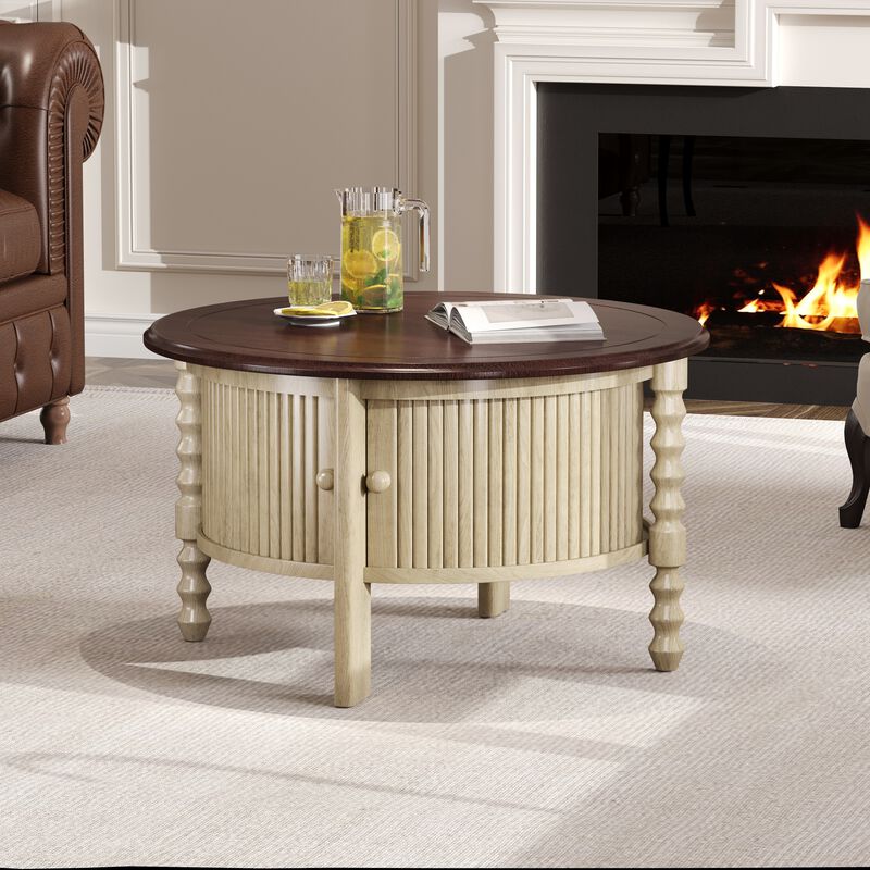 Merax 30.3" Vintage Round Coffee Table with Storage - Mid Century Modern Cocktail Table with Sliding Door & Slatted Design for Small Spaces