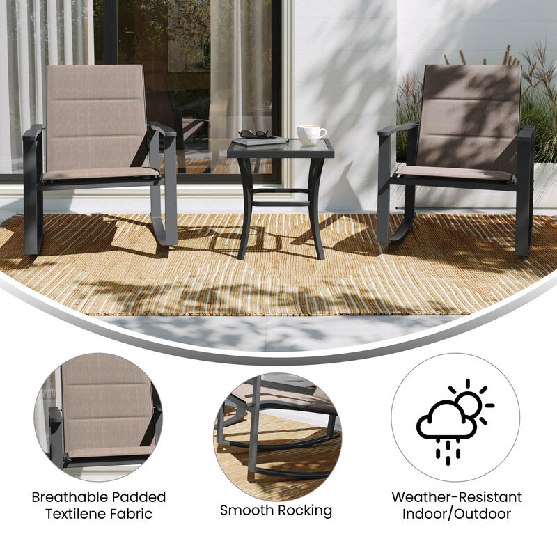 Flash Furniture Brazos 3 Piece Outdoor Rocking Chair Bistro Set with Flex Comfort Material and Steel Framed Glass Top Table image number 4