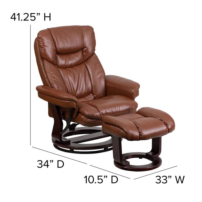 Flash Furniture Allie Contemporary Multi-Position Recliner and Curved Ottoman with Swivel Mahogany Wood Base in Brown Vintage LeatherSoft
