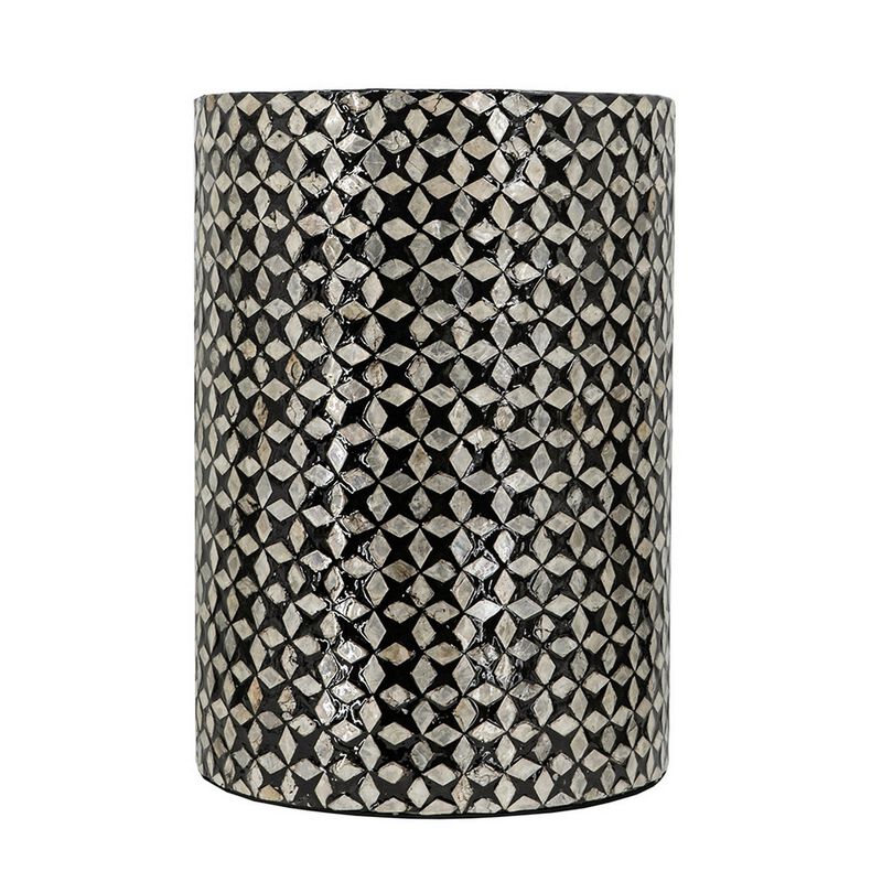 20 Inch Capiz Accent Stool Table, Cylindrical Geometric, Silver, Black